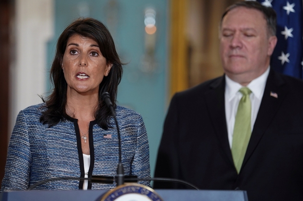 U.S. Ambassador to the United Nations Nikki Haley delivers remarks to the press together with U.S. Secretary of State Mike Pompeo, announcing the U.S.'s withdrawal from the U.N's Human Rights Council at the Department of State in Washington
